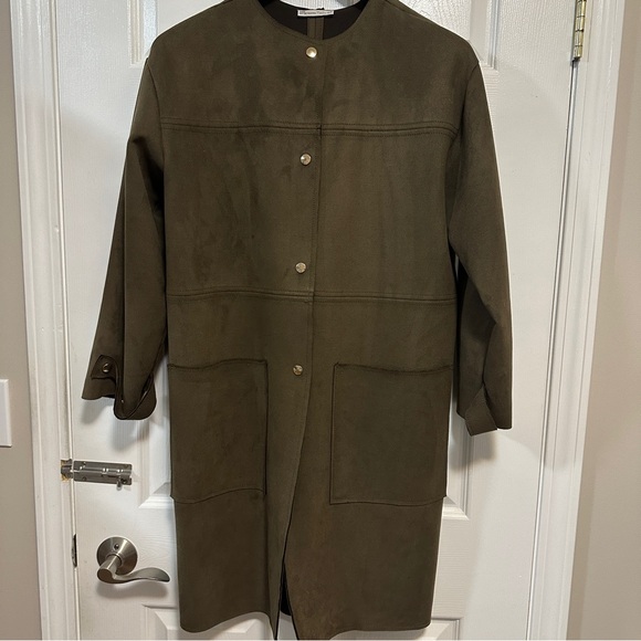 ZARA Women’s Size Large Faux Suede Olive Green Button‑Down Coat with Gold Button - Picture 15 of 15